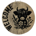 14" Highland Cow Wooden Door Hanger – "Welcome" Sign