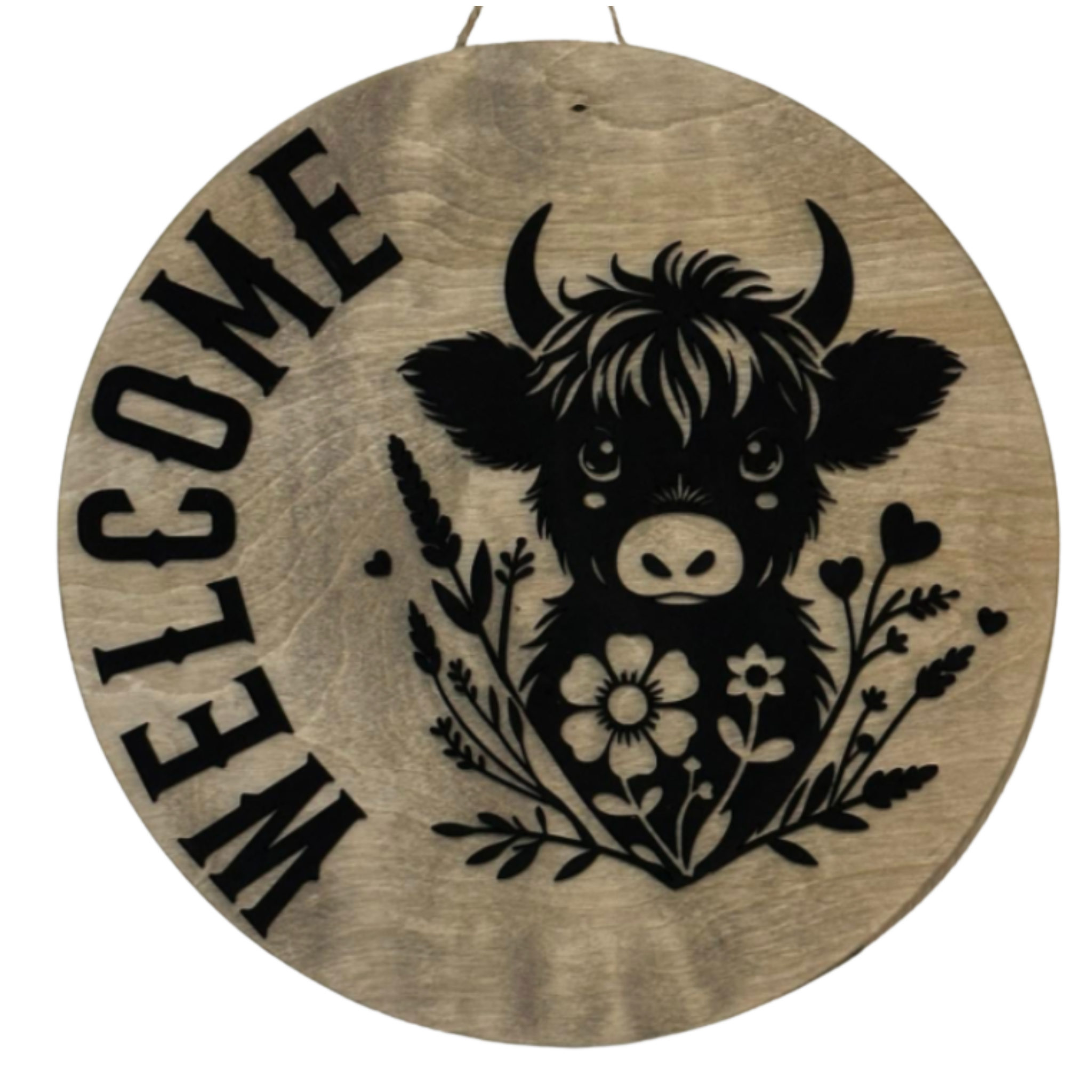 14" Highland Cow Wooden Door Hanger – "Welcome" Sign
