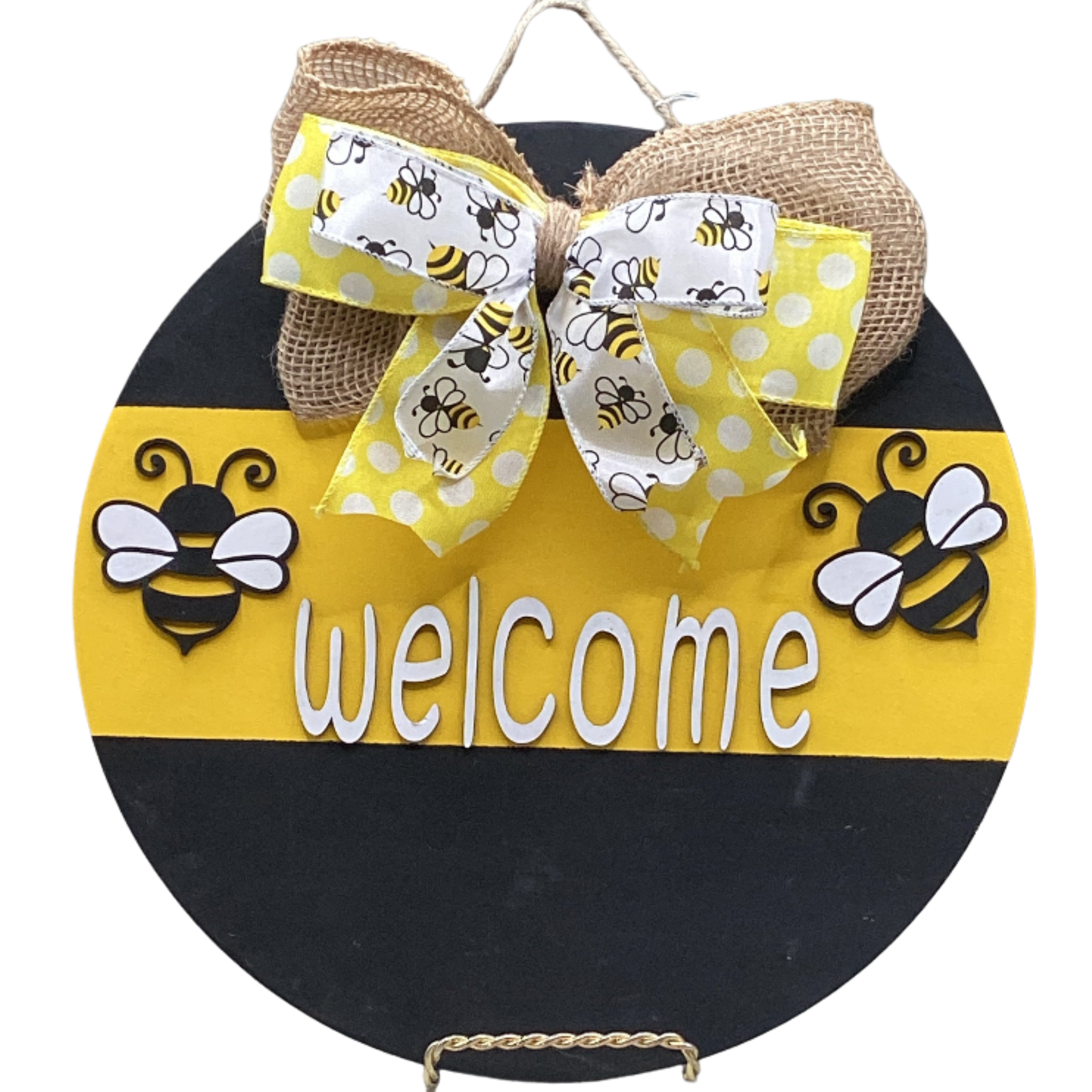 14" Bumble Bee Wooden Door Hanger – "Welcome" Sign