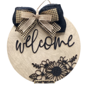14" Black Floral Wooden Door Hanger – "Welcome" Sign