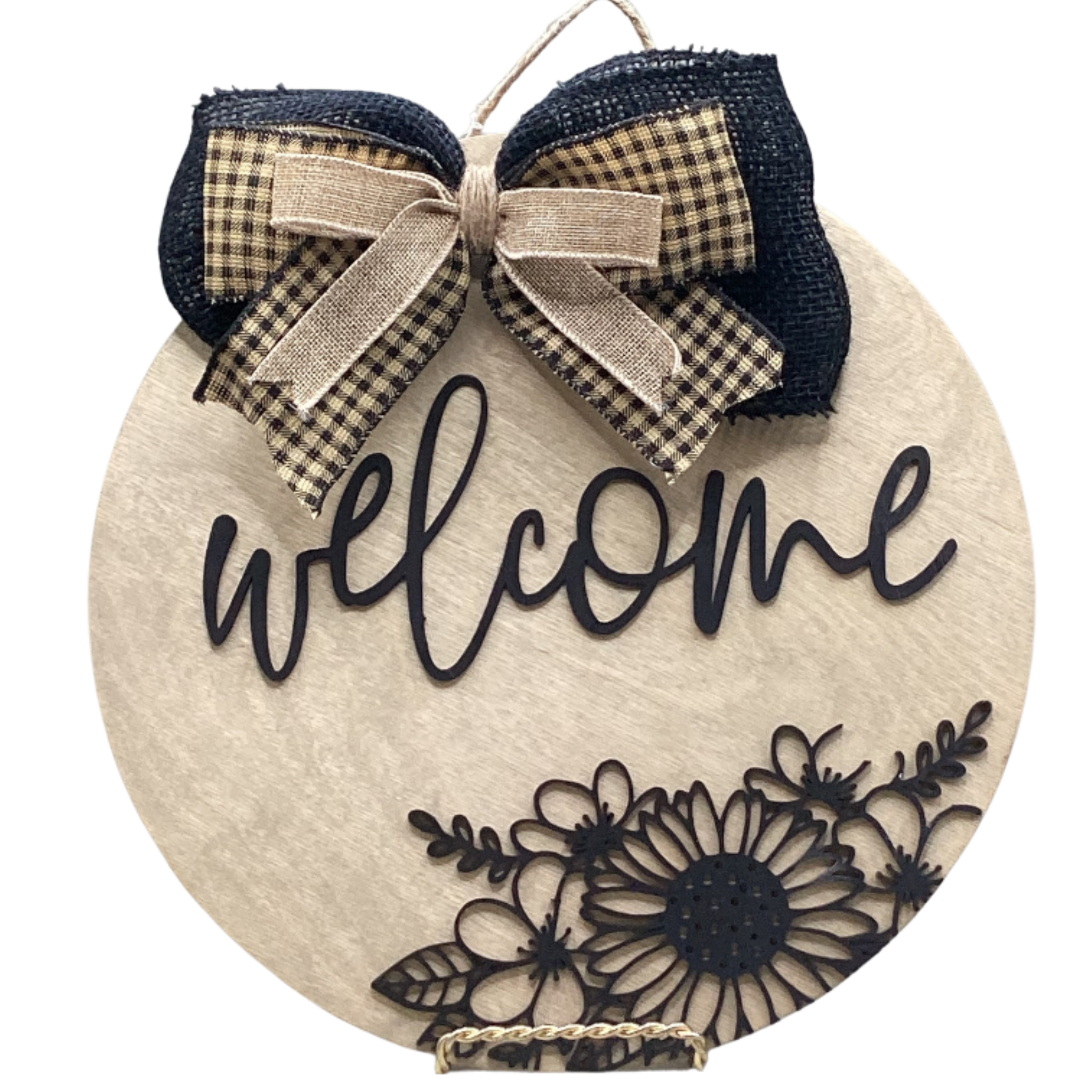 14" Black Floral Wooden Door Hanger – "Welcome" Sign