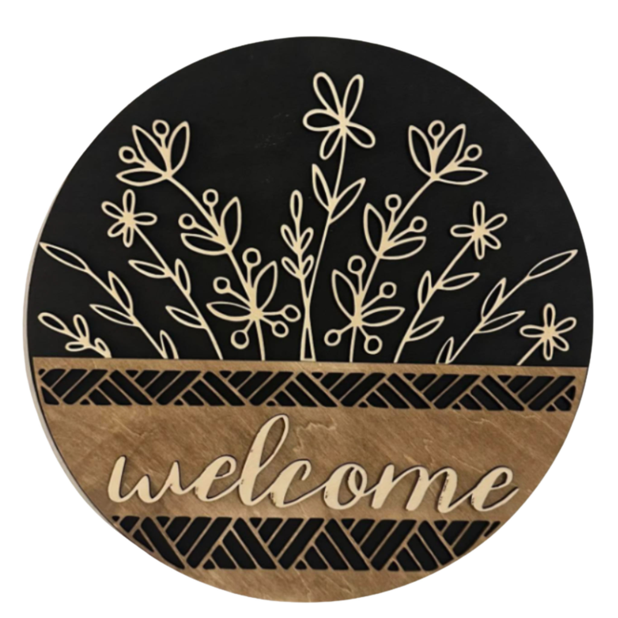 14" Floral Wooden Door Hanger – "Welcome" Sign