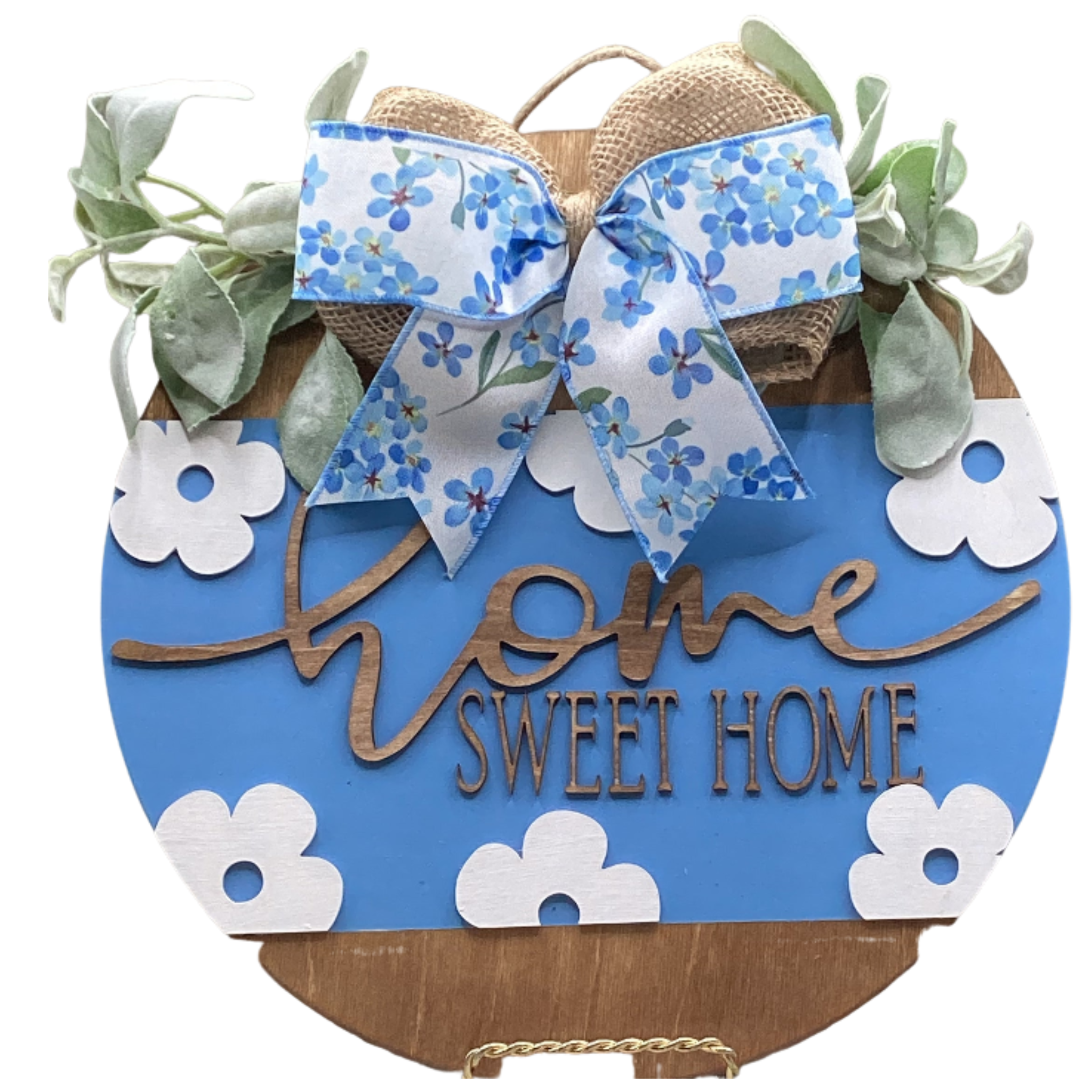 14" Blue Floral Wooden Door Hanger – "Home Sweet Home" Sign