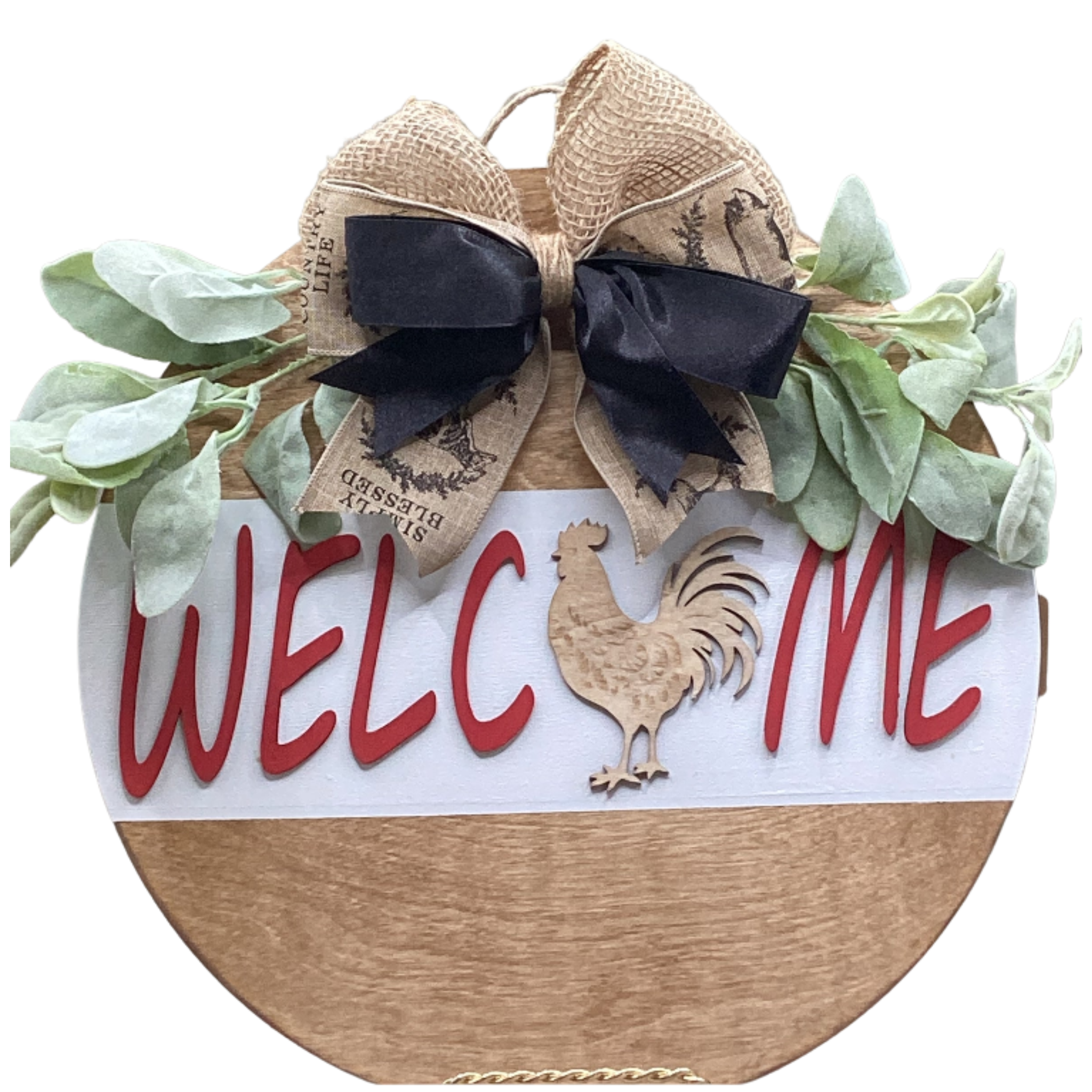 14" Farmhouse Chicken Wooden Door Hanger – "Welcome" Sign