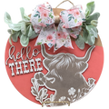 14" Highland Cow Wooden Door Hanger – "Hello There" Sign