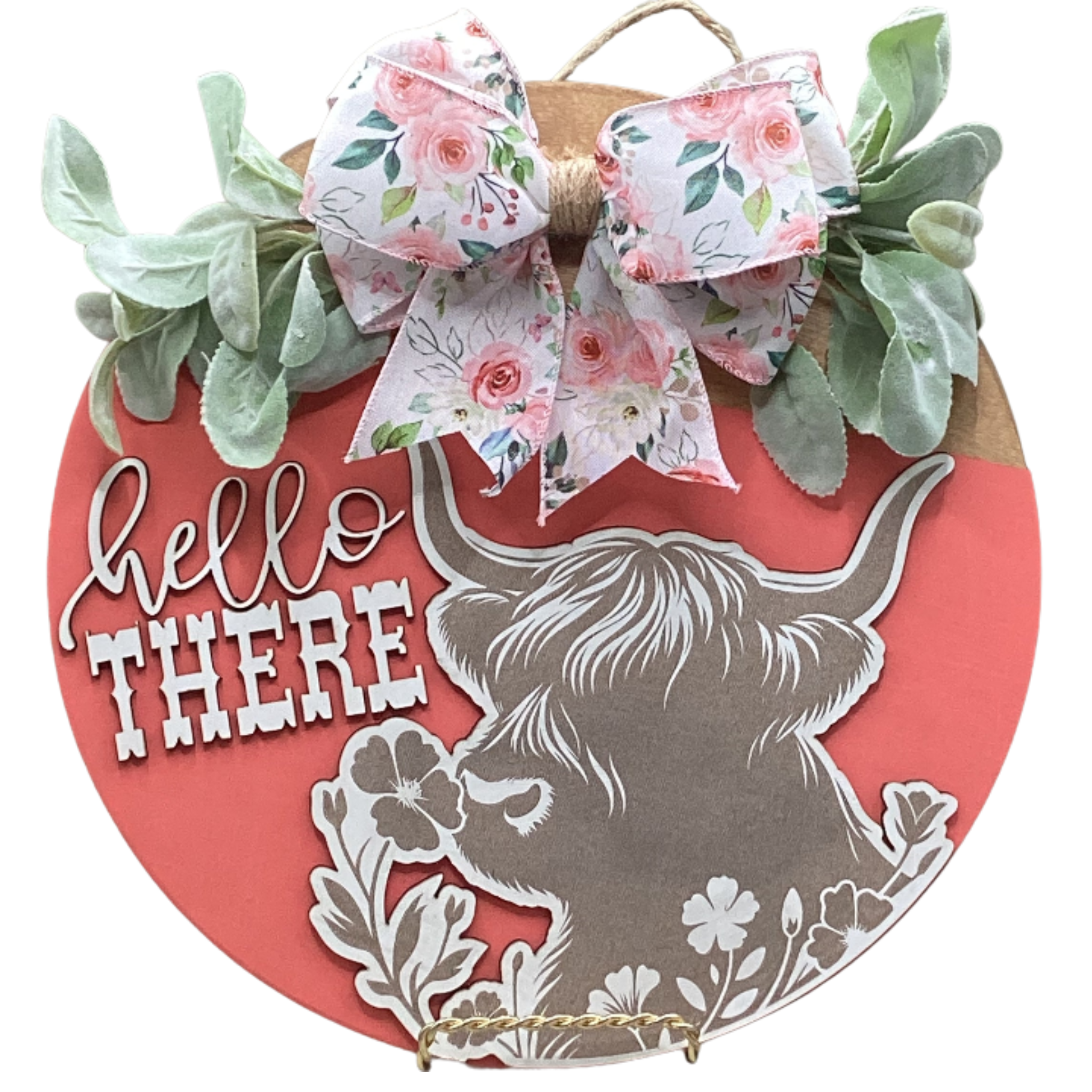 14" Coral Highland Cow Wooden Door Hanger – "Hello There" Sign