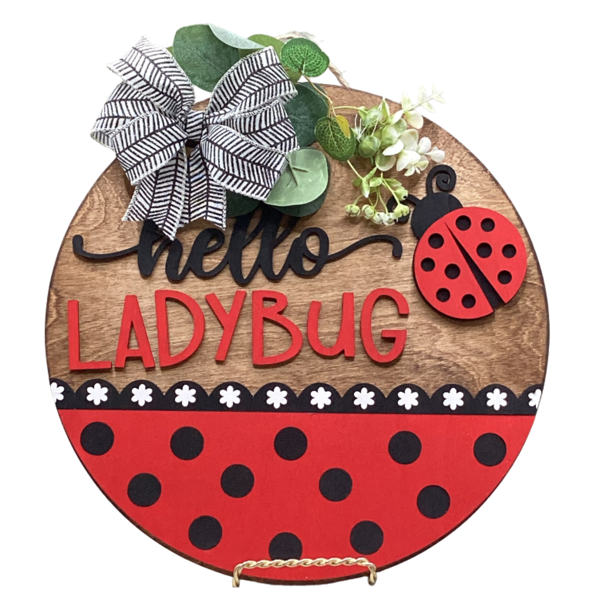 14" Ladybug Wooden Door Hanger – "Hello Ladybug" Sign