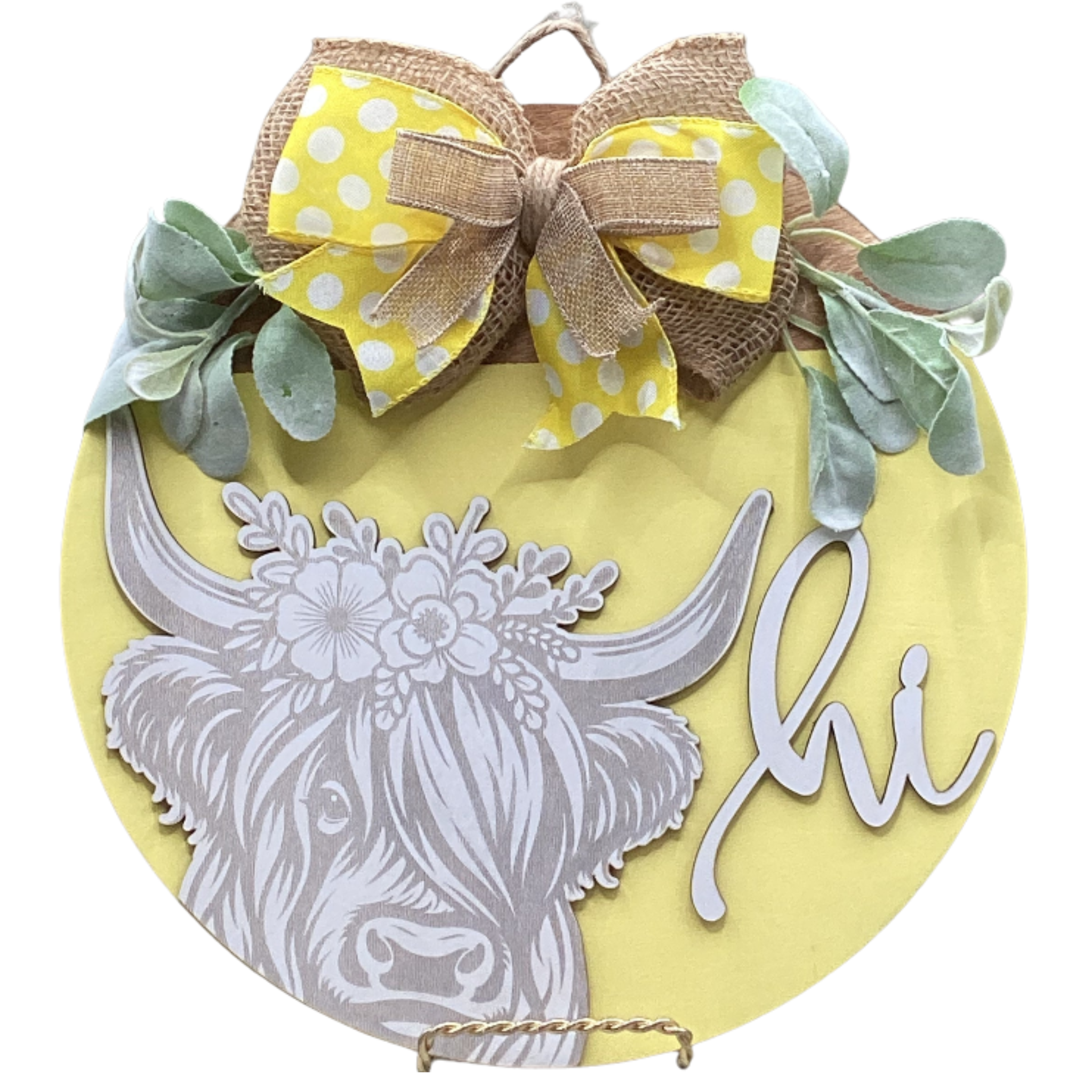 14" Yellow Highland Cow Wooden Door Hanger – "Hi" Sign